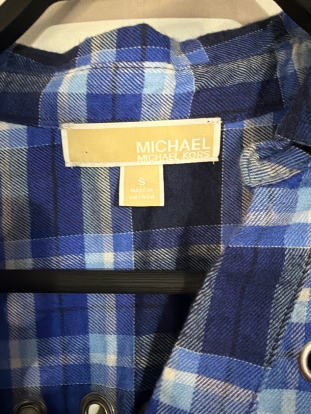 Michael Kors Blue Plaid Eyelet-Trim Button Down Shirt - Picture 4 of 4